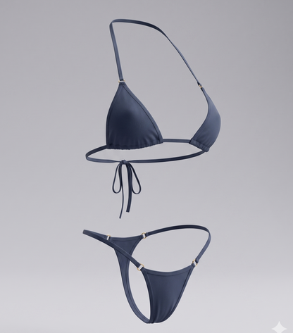 Navy blue bikini set on a gray background